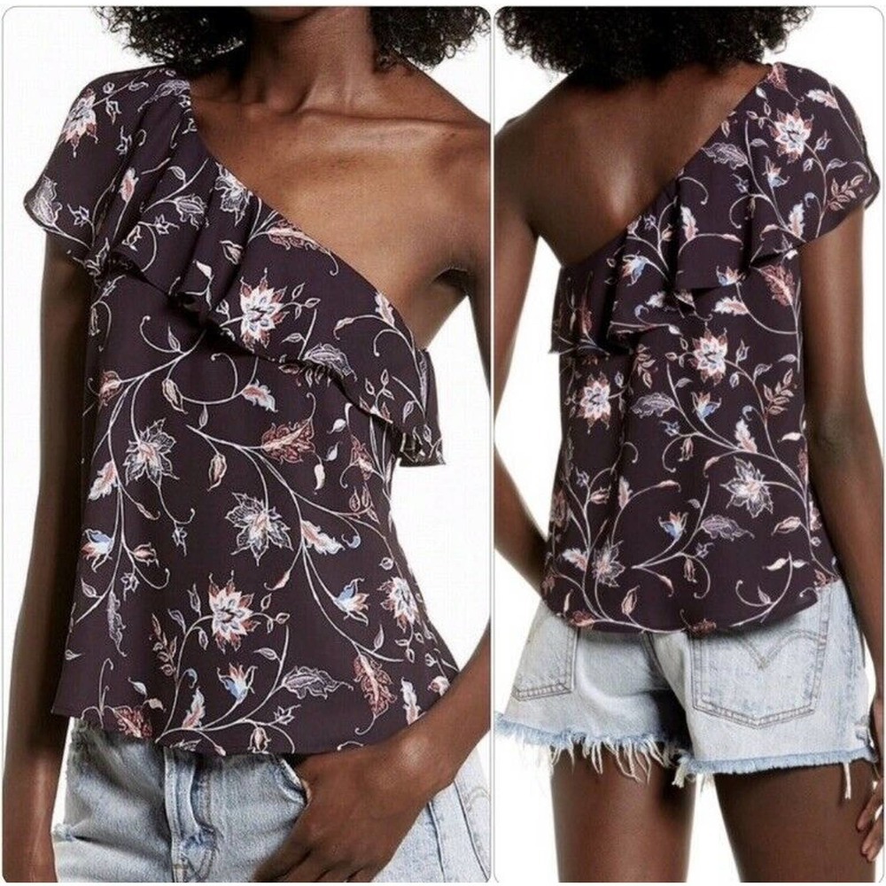 ASTR‎ The Label Blouse Size L Womens Eggplant One Shoulder Floral Lined Side Zip